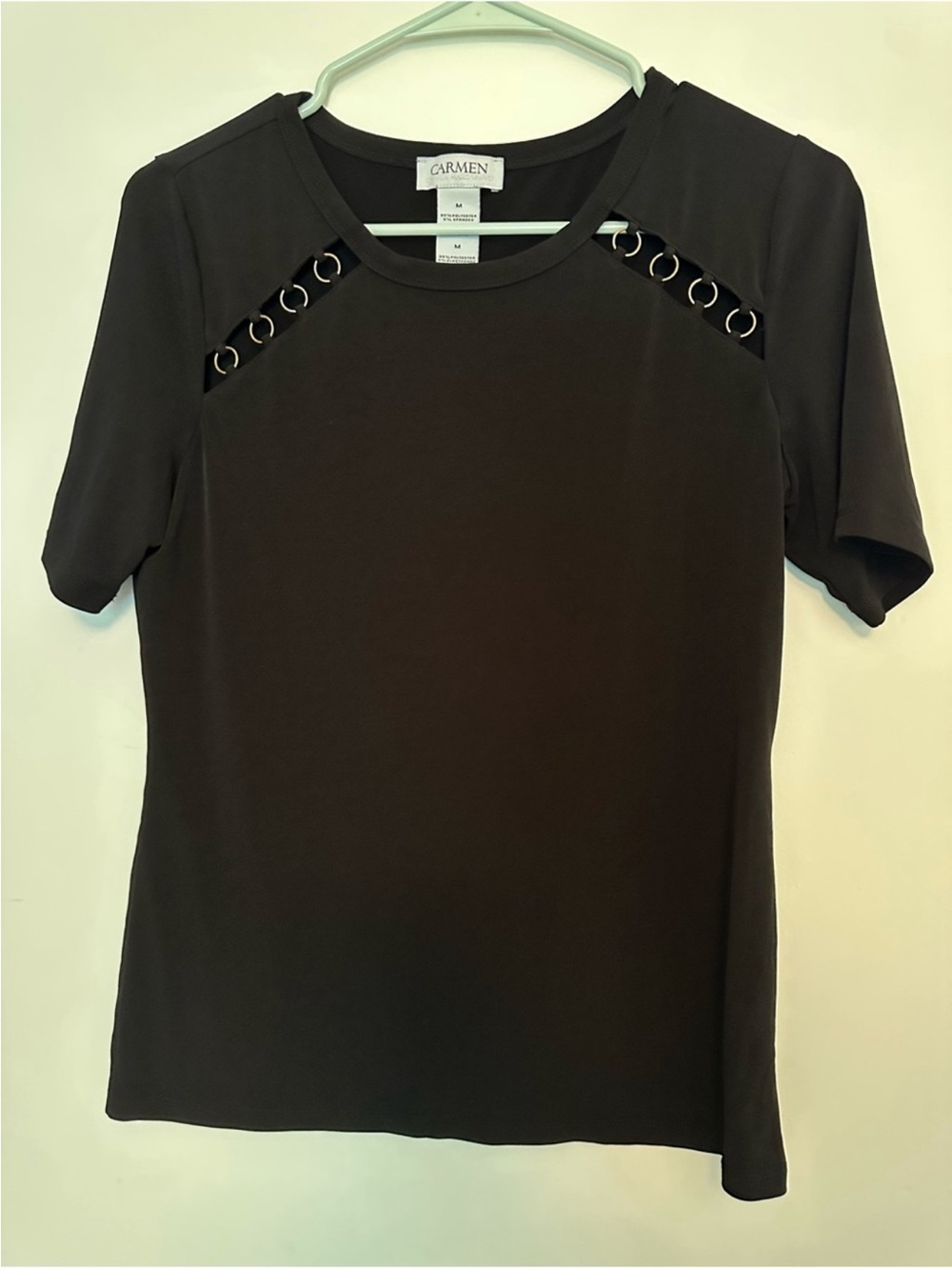 Carmen Marc Valvo Black Short Sleeve Eyelet-Trim Top